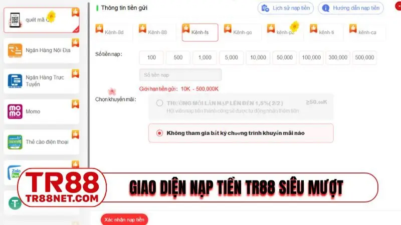 Giao diện nạp tiền TR88 siêu mượt