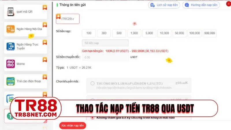 Thao tác nạp tiền TR88 qua USDT hiện đại