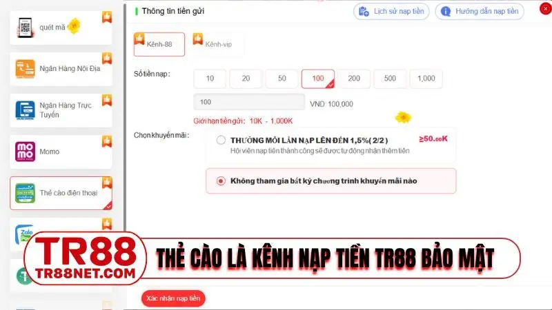 Thẻ cào là kênh nạp tiền TR88 bảo mật